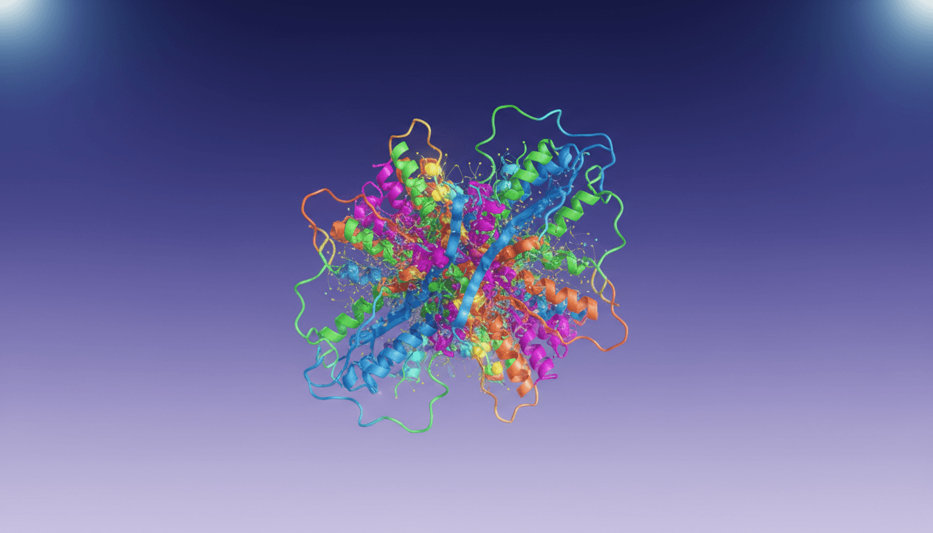 Detailed molecular visualization of enzyme protein structure on a gradient background