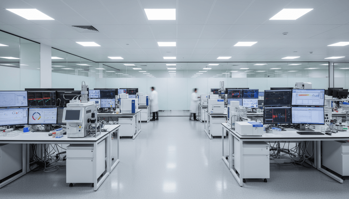 Advanced biotechnology laboratory with researcher conducting enzyme development work at precision equipment