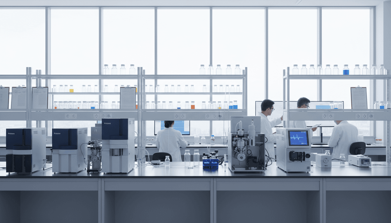 Modern biotechnology laboratory with professional equipment and researchers at work